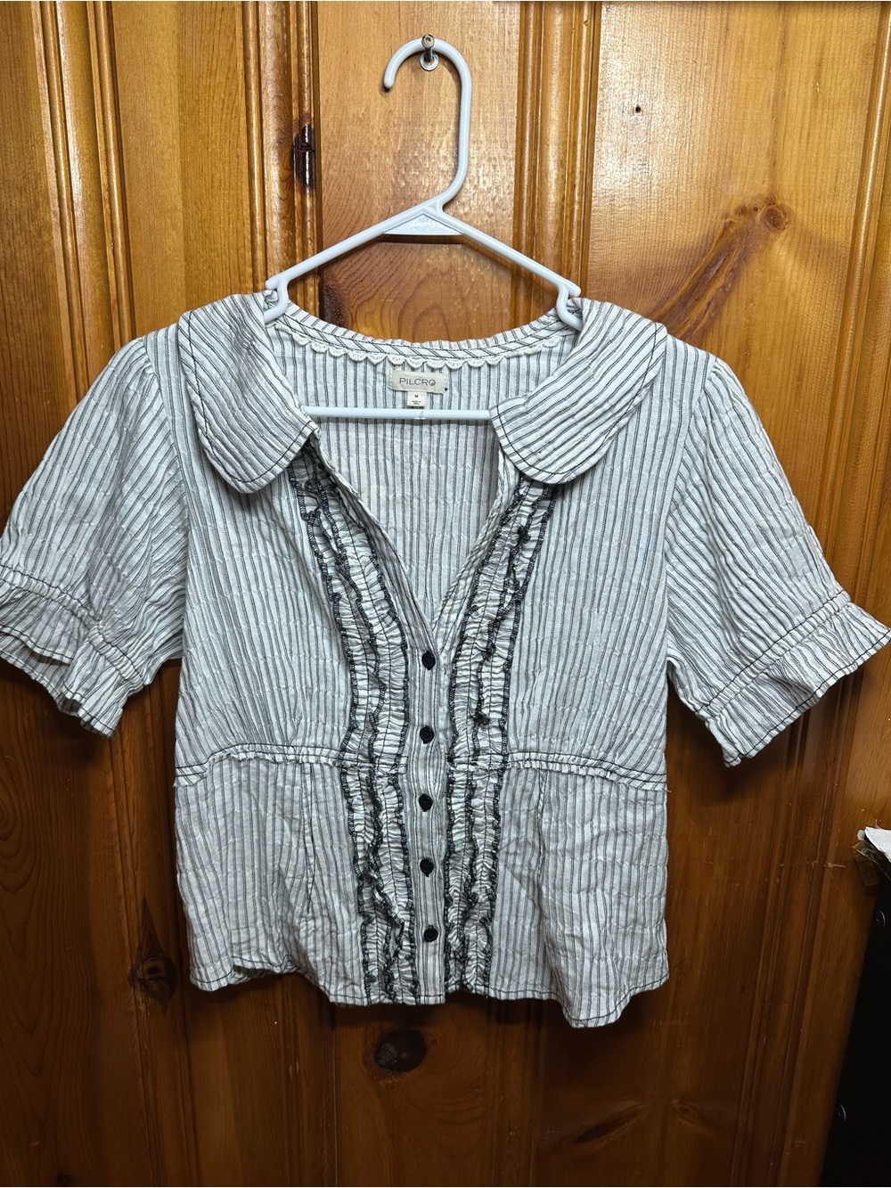 Pilcro White and Gray Striped Ruffle Button-Front Top